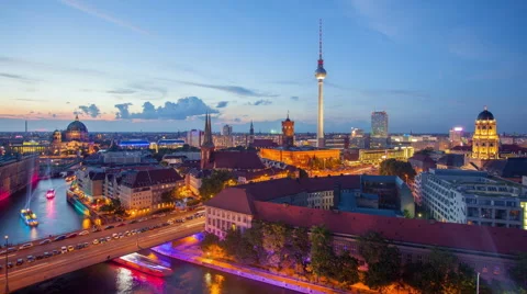 Berlin Skyline Light Timelapse with Speed Boats and Traffic in Full HD 1080p Stock Footage 42632594