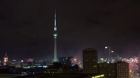 Berlin Skyline Night Fireworks New Years Eve Stock Footage