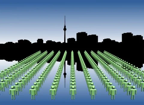 Berlin skyline reflected with lines of workers illustration Stock Illustration