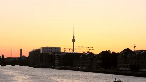 Berlin skyline silhouetted at sunset Stock Footage 87341563