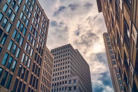 Berlin skyscrapers in the evening with cloudscape Foto stock