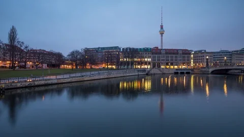 Berlin Spree Skyline Reflection City Timelapse from Night to Day in 4K and HD Stock Footage 74493418