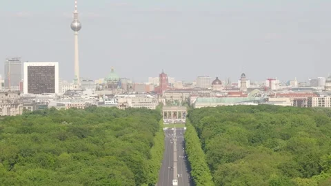 Berlin Strasse 17 Juni closed to cars, Brandenburg Gate TV Tower View, 05-09-24 Stock Footage 329326268
