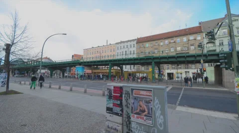Berlin subway car in time lapse going over a bridge above ground Stock Footage 33732634