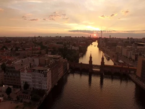 Berlin Sunset Drone Shot Oberbaum Brucke Video stock 82873781