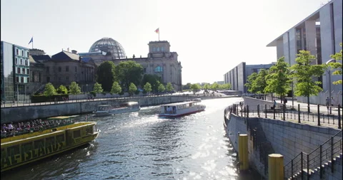 Berlin Timelapse boats between Deutscher Bundestag and Friedrichstraße 2015 4K Stock Footage 310390770