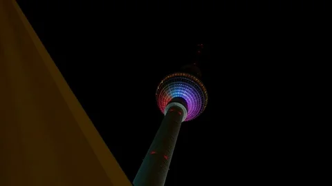 Berlin TV Tower from below at Night with Color Projection Видео 72589356