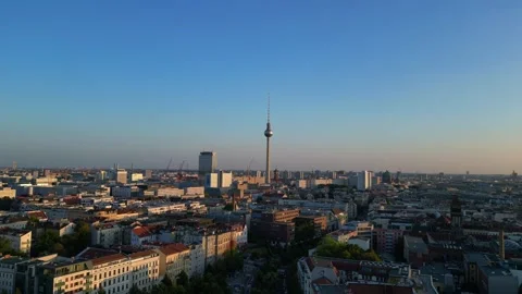 Berlin tv tower skyline during golden hour. Unique aerial view flight drone Stock Footage 296845121