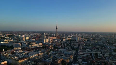 Berlin tv tower skyline during golden hour. Nice aerial view flight drone Stock Footage 296845156