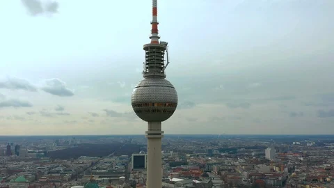 Berlin TV Tower super closeup during a cloudy day, aerial view. Stock Footage 118857015