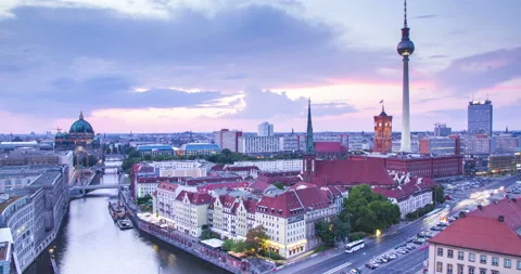 Berlin twilight skyline during sunset 4k time lapse, Germany Stock Footage 136771315