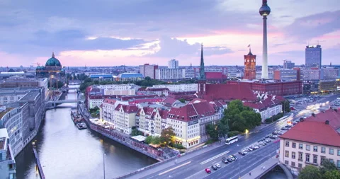 Berlin twilight skyline during sunset 4k time lapse, Germany Stock Footage 136771364