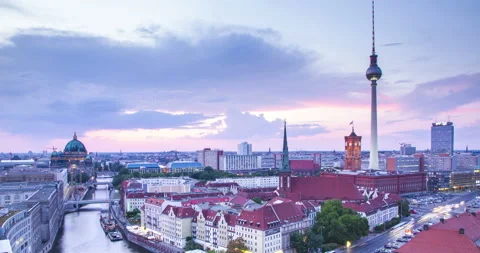 Berlin twilight skyline during sunset 4k time lapse, Germany Stock Footage 136778909