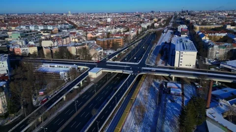 Berlin urban winter landscape, complex road interchange. Beautiful aerial view 스톡 동영상 329036842
