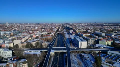 Berlin urban winter landscape, complex road interchange. Gorgeous aerial view Stock Footage 329036908