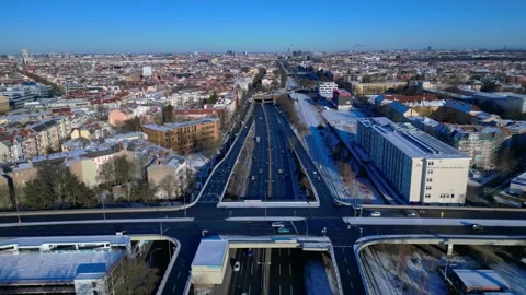 Berlin urban winter landscape, complex road interchange. Fabulous aerial view Video stock 329037187