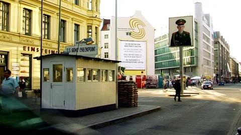Berlin US Army checkpoint pan Stock Footage 75786478