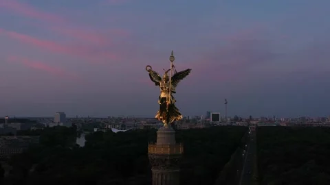 Berlin  Victory column Aerial Close Side view, Tiergarten Sunset, Drone footage Stock Footage