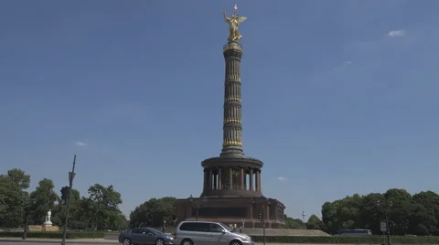 Berlin Victory Column blue sky sunny day traffic car pass street Victoria statue Stock Footage 40492984