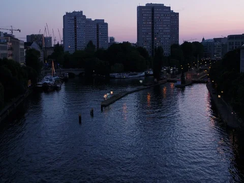 Berlin while the sun goes down above Fischerinsel, aerial blue hour. Stock Footage 79885615