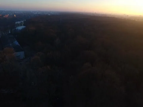 Berlin while the sun goes down, above the Plaenterwald in winter, aerial. Video stock 80384452