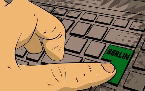 Berlin word on computer keyboard. Man push keypad on laptop. Comic book style Ilustración de archivo