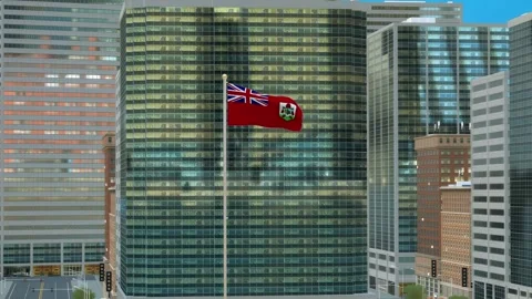 Bermuda Flag 3D Render Animation on Pole with Modern Business District Build Video stock 332881838