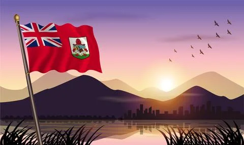 Bermuda flag flying against a beautiful sunrise sky. Stock Illustration