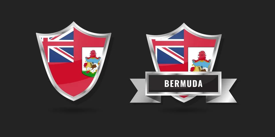 Bermuda Flag Shield Emblem Set, British Overseas Territory Glossy Silver Ba.. Stock Illustration