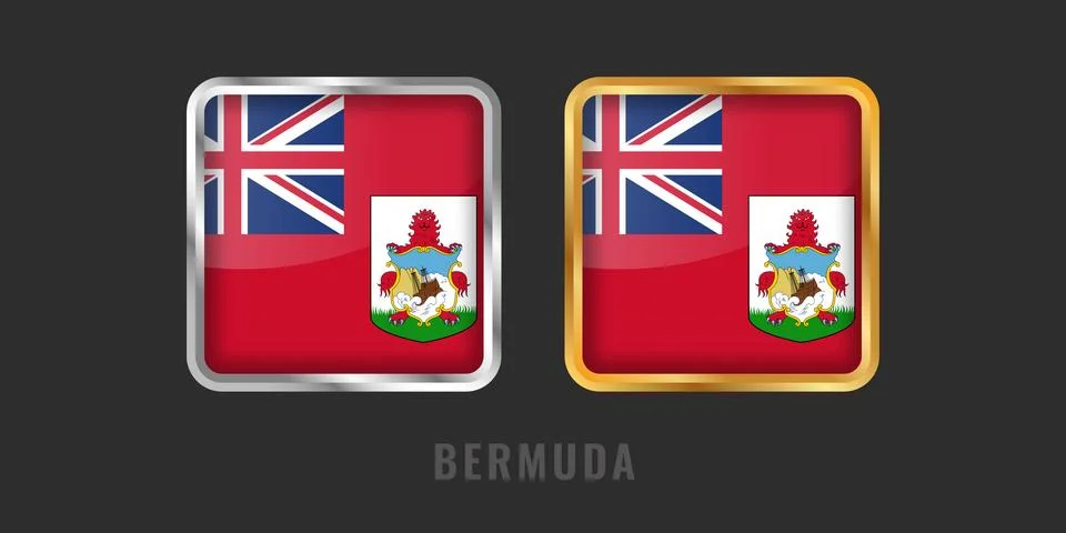 Bermuda Flag Square 3D Button Set in Gold and Silver Metallic Frames Stock-Illustration