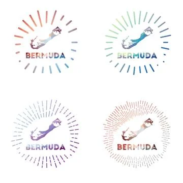 Bermuda low poly sunburst set. Logo of island in geometric polygonal style... Ilustração Stock