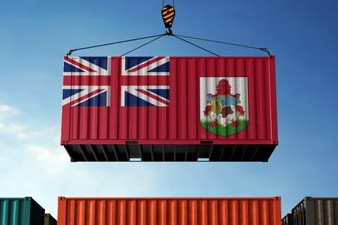 Bermuda trade cargo container hanging against clouds background Stock Illustration