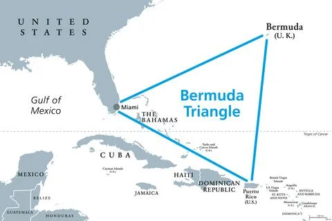 The Bermuda Triangle or also Devils Triangle, gray political map Ilustração Stock