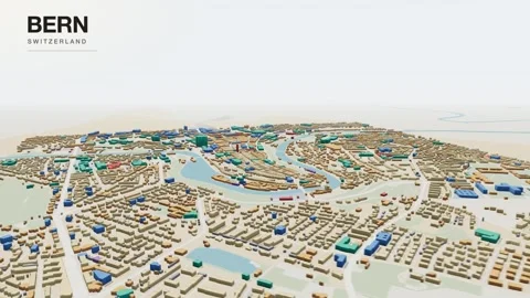 Bern 3D isometric city skyline building blocks map animation seamless loop Stock Footage 341399745