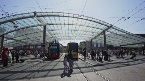 Bern Main Station Tram Stop Crowd Under Glass Canopy, Switzerland 4K Stock Footage 327462131
