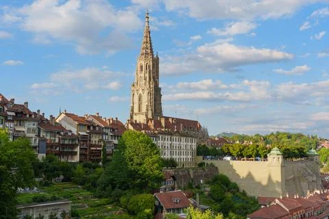 Bern Minster Cathedral Tower Rising Above Old Town Roofs in Switzerland Fotos Stock