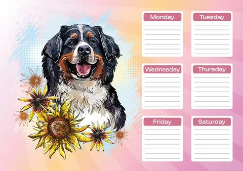 Bernese Mountain Dog printable planner and school schedule vector Stock Illustration