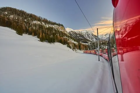 The Bernina Express Red Train through the Alps Stock-Fotos
