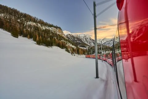 The Bernina Express Red Train through the Alps Stock Photos