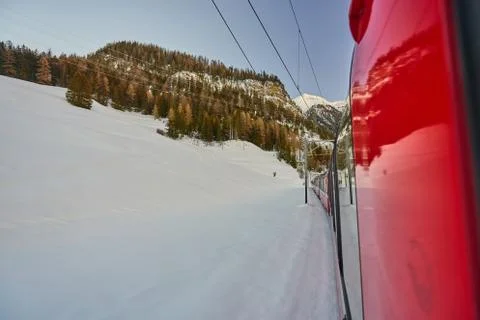 The Bernina Express Red Train through the Alps Stock Photos