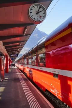 The Bernina Express Red Train through the Alps Stock Photos