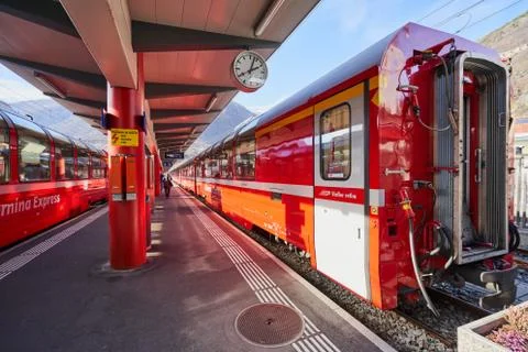 The Bernina Express Red Train through the Alps Stock Photos