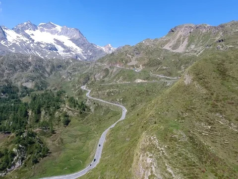 Bernina Pass - Aerial view over the road Video stock 77647833