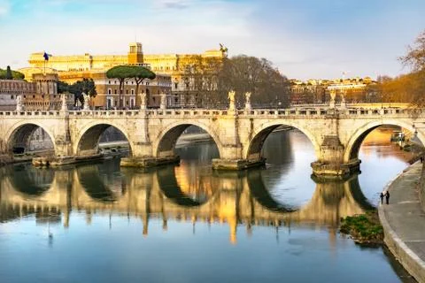 Bernini Angels Ponte Saint Angelo Tiber River Reflection Evening Rome Italy Stock Photos