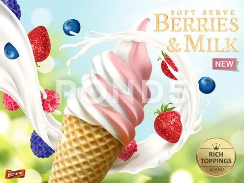 Berries and milk soft serve ads Stock Illustration