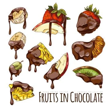 Berries and pieces of fruit with melted dark chocolate on the skewer hand drawn Stock Illustration