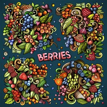 Berries cartoon vector doodle designs set. 스톡 일러스트