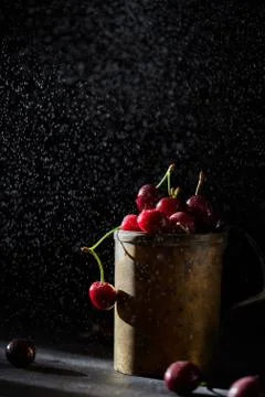 Berries of a cherry on branches in a bucket, rustic. Female hands hold branches. Stock Photos