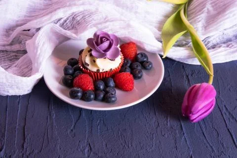 Berries, multi-colored muffins and a tulip on a table Stock Photos