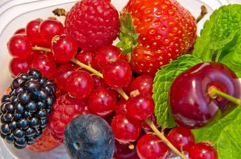 Berries in a plastic box on a white background Stock Photos
